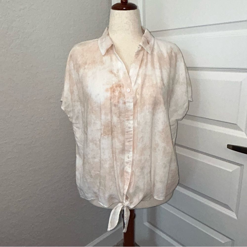 Wonderly Tie Dye Button Front Short Sleeve Tie Linen Blend Shirt Blouse Top